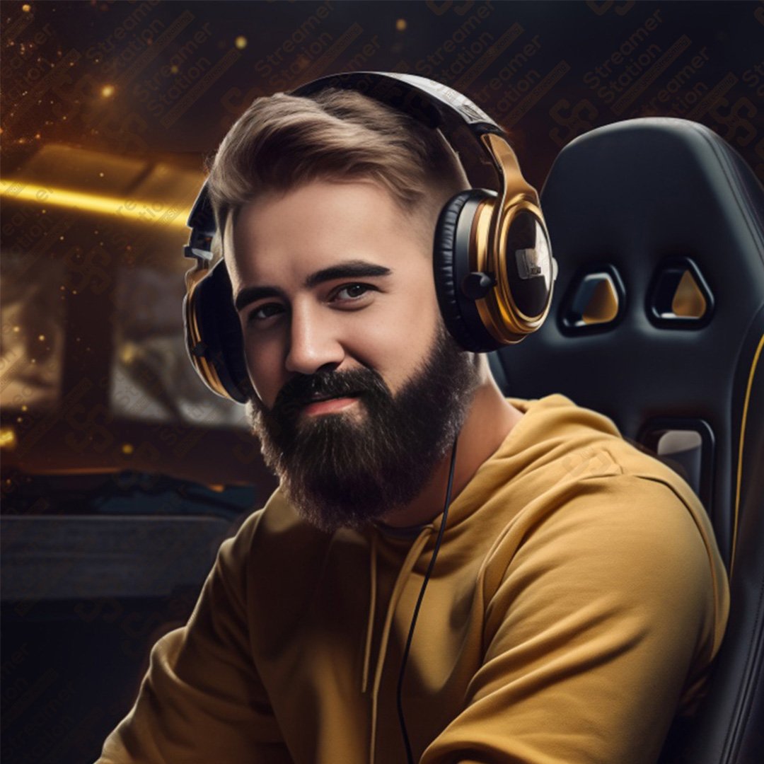 Static PFP Streamer sitting on gaming chair and yellow neon background behind him
