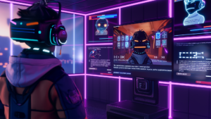 A futuristic helmeted character in a cyberpunk-themed room.