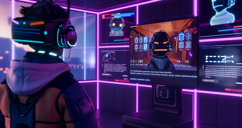 A futuristic helmeted character in a cyberpunk-themed room.